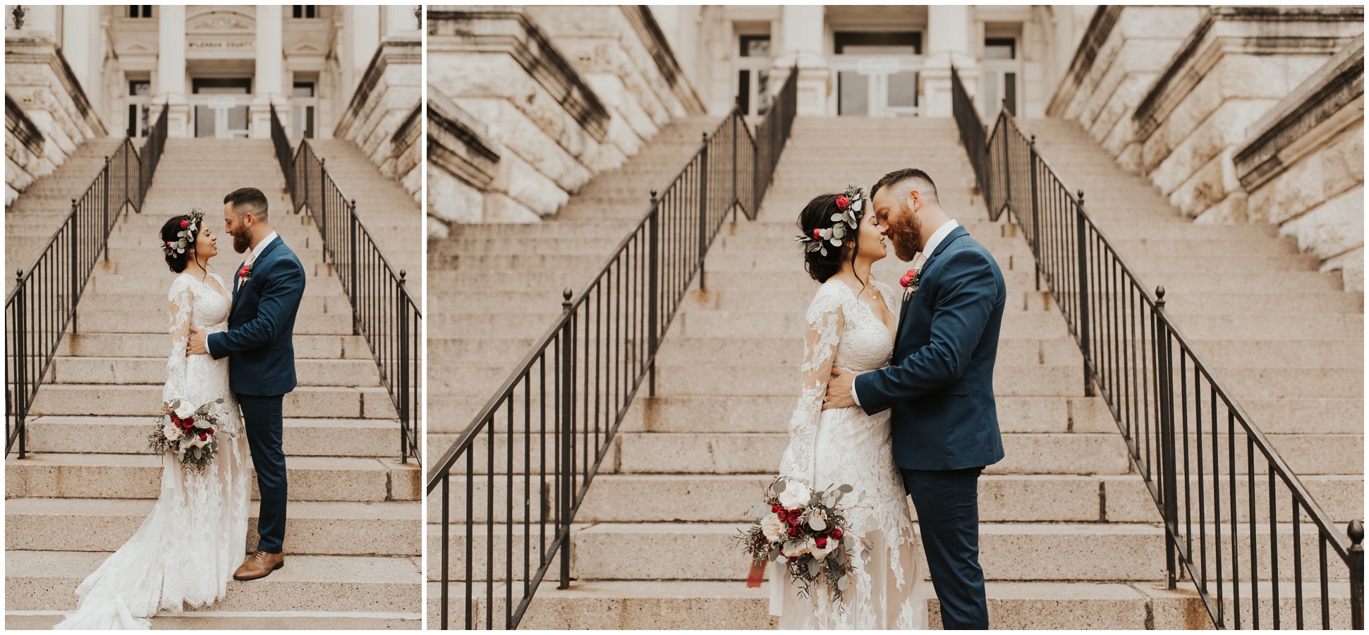 Couple kissing in front of McLennan County Courthouse