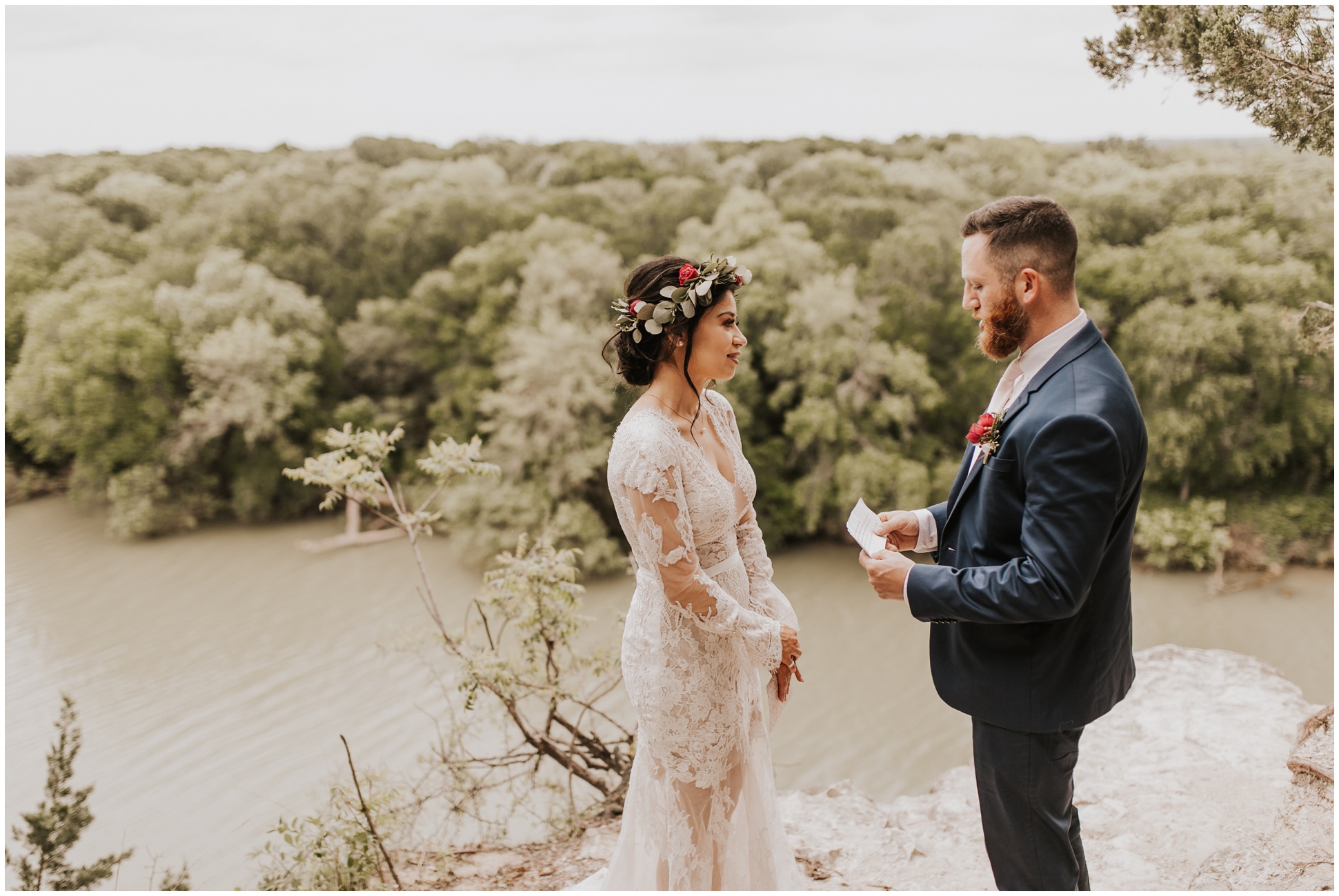 Exchanging vows near Brazos River in Waco, Texas
